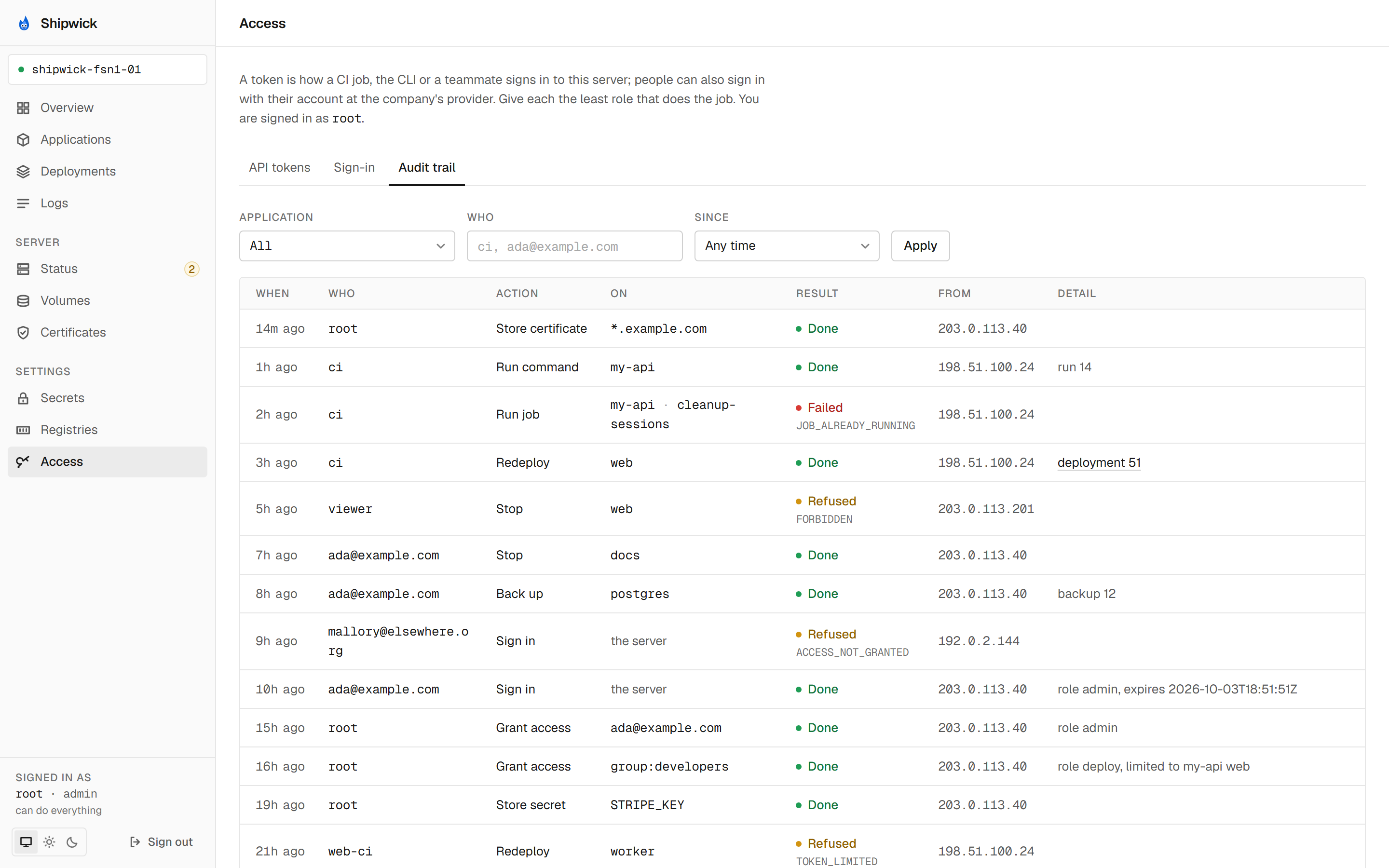 The Audit trail tab of the dashboard: a table of who did what, on which application, how it was answered and from which address, with filters above it