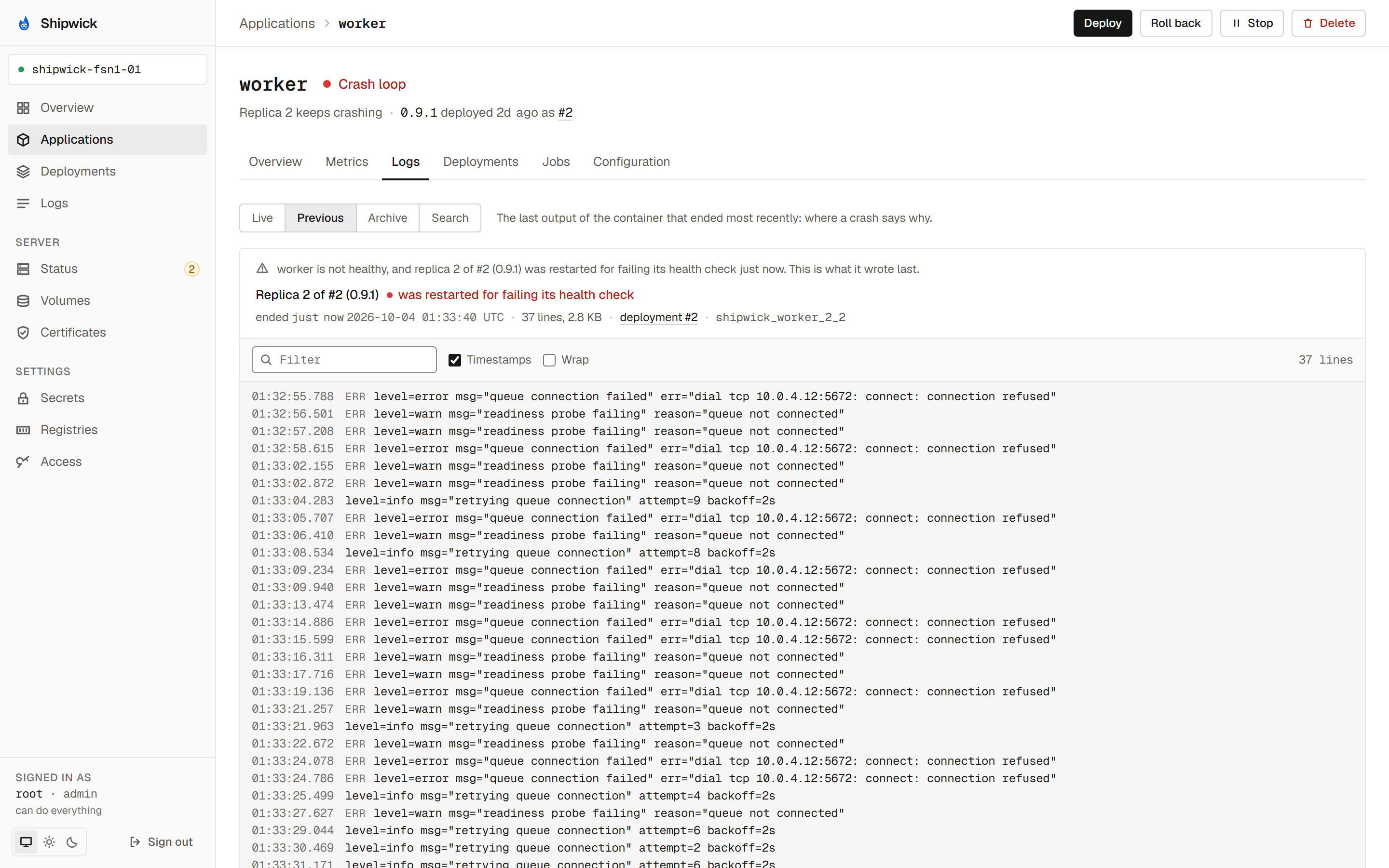The Logs tab of the application worker in the dashboard, on the view Previous: a sentence that says replica 2 was restarted for failing its health check, when it ended and how many lines are kept, and below it those lines, with the errors about a queue connection that was refused